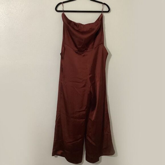 Express Brown Satin Strapless Funky Groovy Disco Summer Festival Jumpsuit Medium - Picture 1 of 12